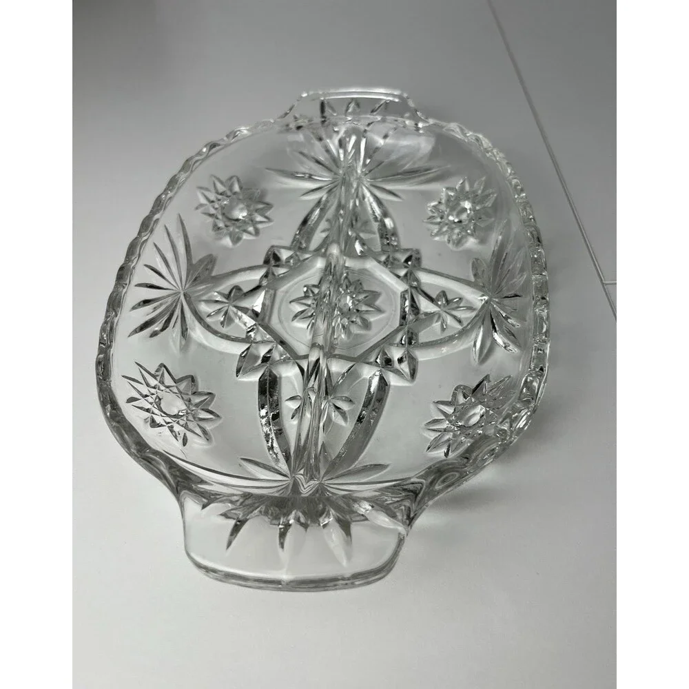 Vtg Anchor Hocking Glass Oval Divided Relish Dish Star of David Tablescape Decor